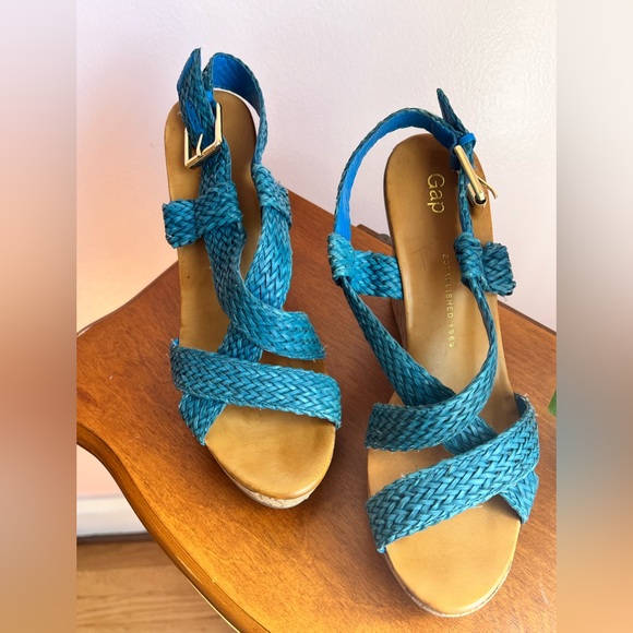 GAP Blue Braided Platform Cork Wedge Sandals - Picture 2 of 7
